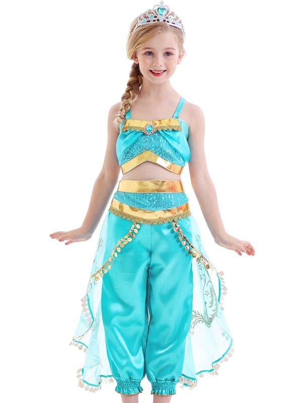 Girl's Artificial Gemstone Decor Cami Top & Contrast Sequin Mesh Pants Set with 3pcs Accessories, Princess Cosplay Performance Costume, Kids Summer Party Wear 2