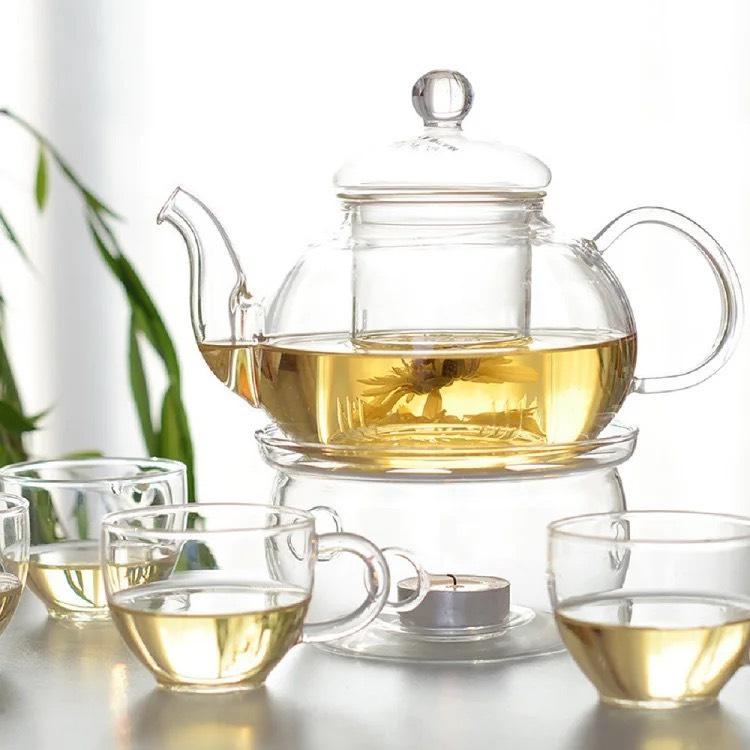 Bộ ấm pha trà bình trà thủy tinh cao cấp chịu nhiệt và đế để nến- dùng uống trà hoa saffron - decor- quà Tết