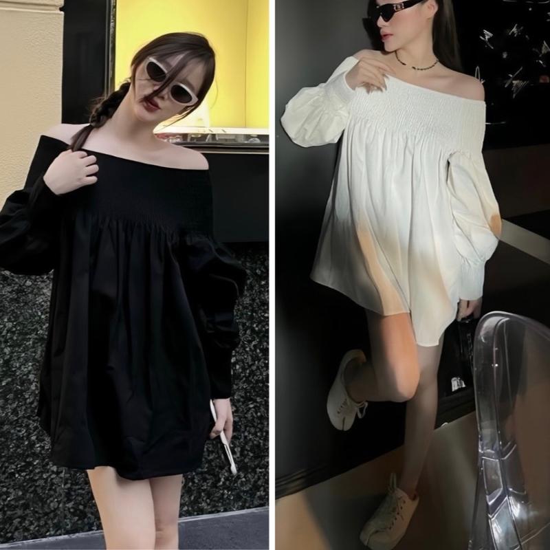 Đầm trễ vai nữ tay dài from rộng thiết kế bo chun tay dài 7