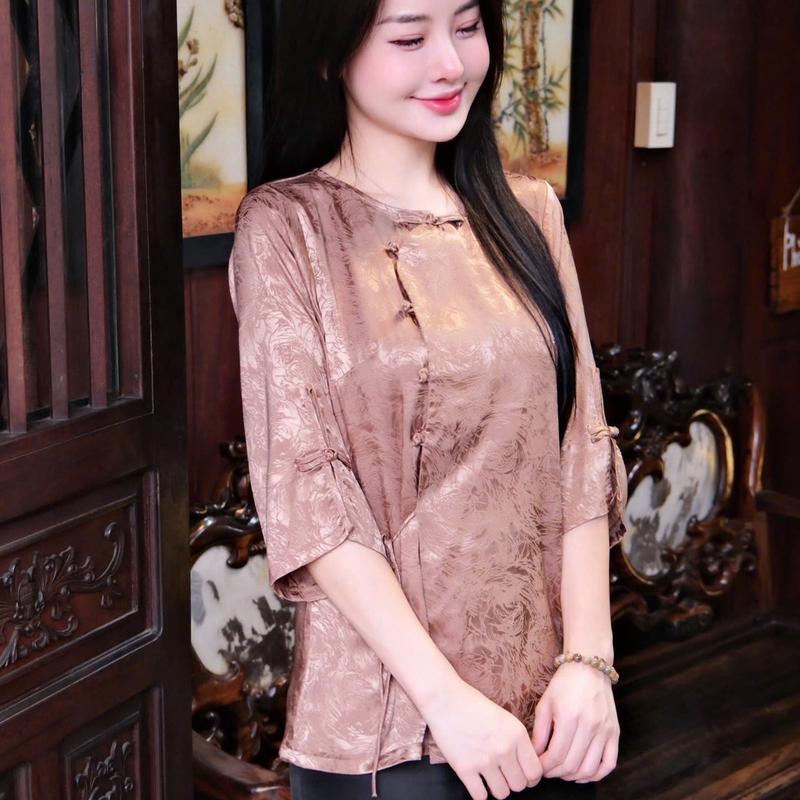 Bộ pháp phục đi lễ chất gấm hàng châu tay xẻ vân xoáy 5