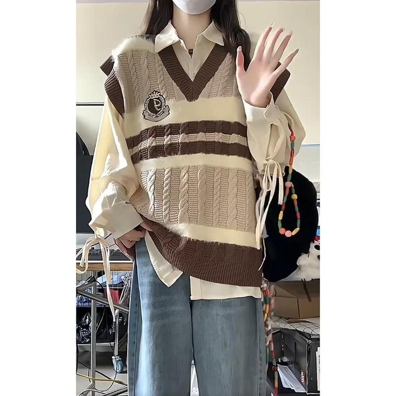 Bộ Đồ Hai Mảnh, Phong Cách Preppy Ngọt Ngào Nhật Bản, Màu Tương Phản, Cổ Chữ V, Áo Vest Dệt Kim, Áo Sơ Mi Nữ Dài, Thích Hợp Cho Mùa Xuân Và Mùa Thu, Hàng Mới Về Women Top Jacket 2
