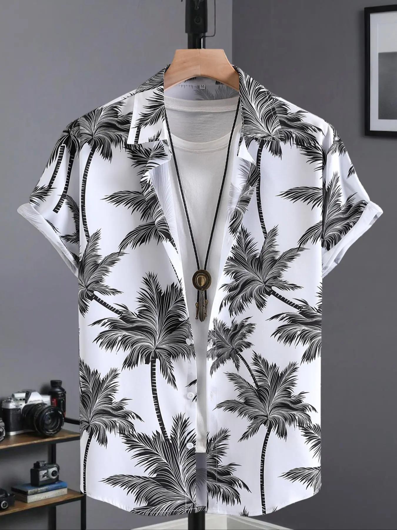Men's Regular Fit Coconut Tree Print Short Sleeve Shirt, Casual Summer Top for Beach Vacation, Men's Clothes for Daily Wear