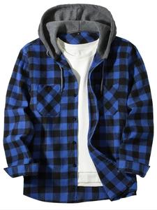 【Plus Size】 Plaid Print Button Front Drawstring Hooded Shirt, Casual Regular Fit Long Sleeve Pocket Top for Daily Wear, Men's Clothing for All Seasons