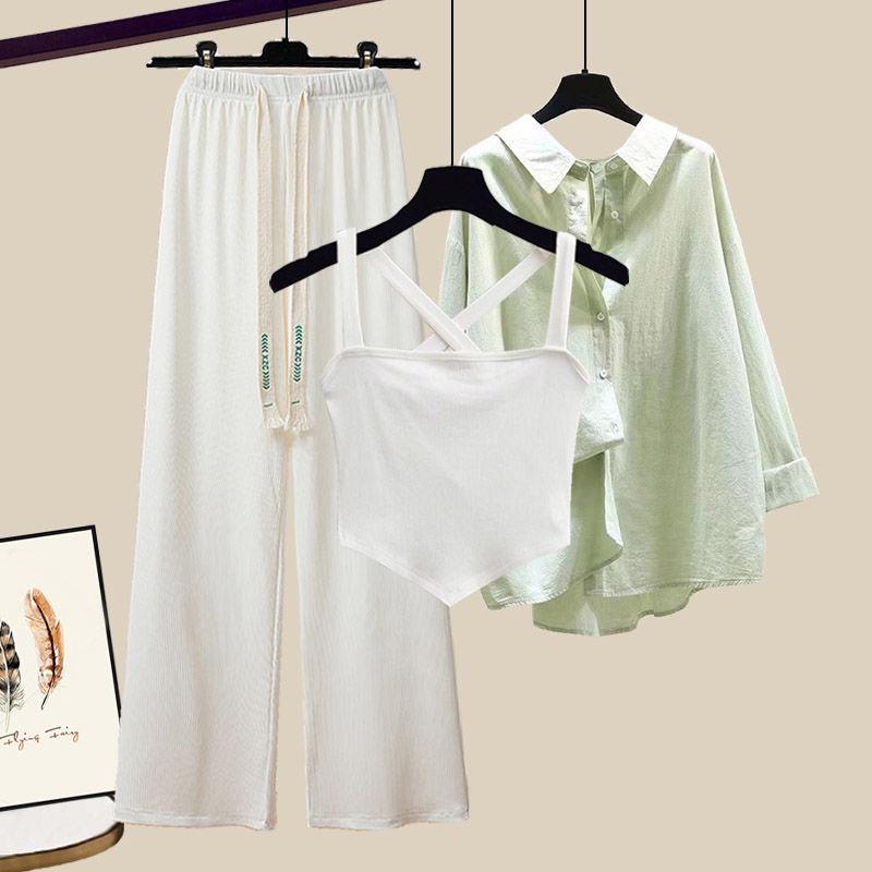 Product Introduction of plus Size Women's Summer Suit Female 2024 New Slim Korean Style Shirt Cross Tank Top Wide Leg Pants Three-Piece Suit Suit 14
