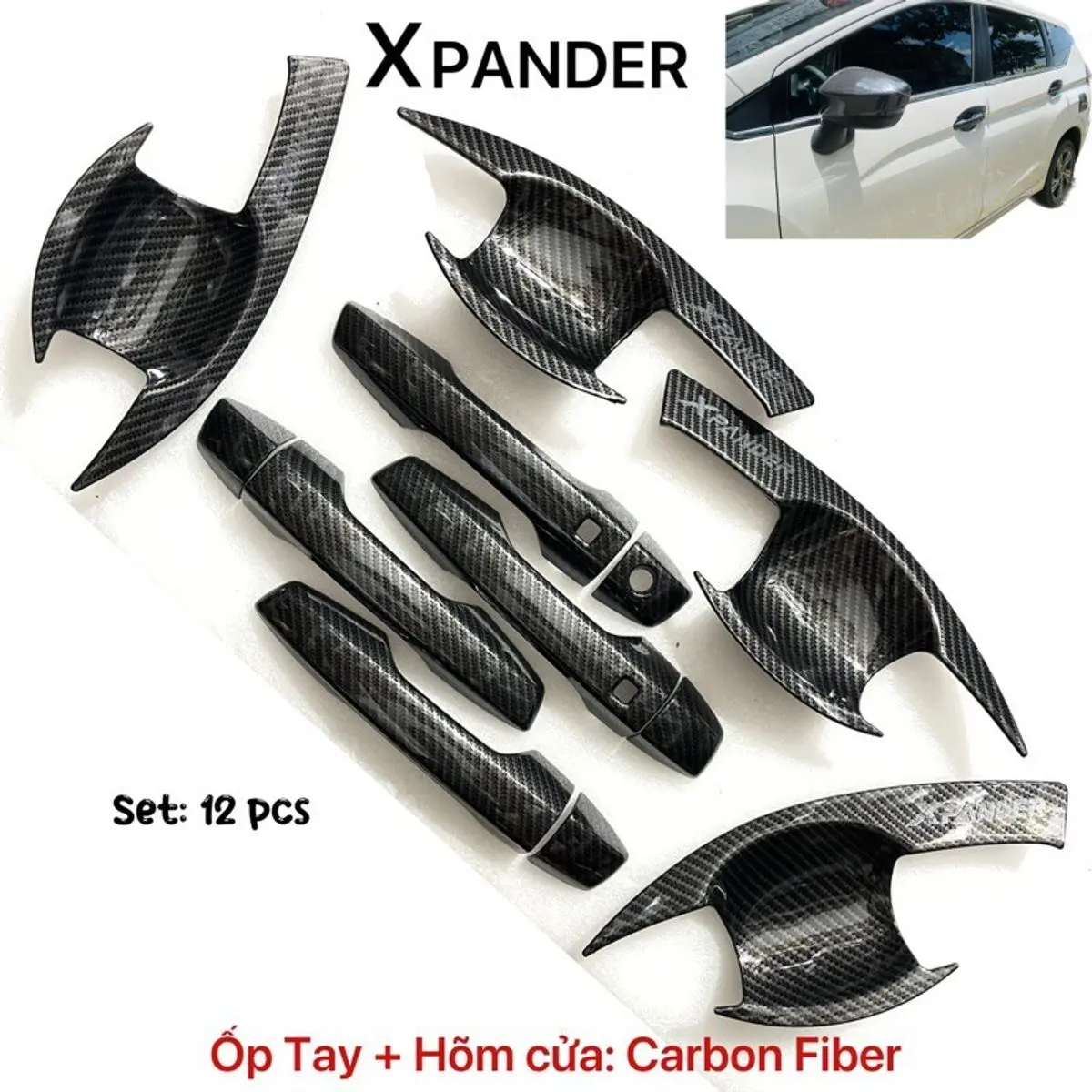 Ốp Tay cửa,  Hõm cửa, nắp xăng, ốp gương xe Xpander 2018 - 2025 Carbon cao cấp