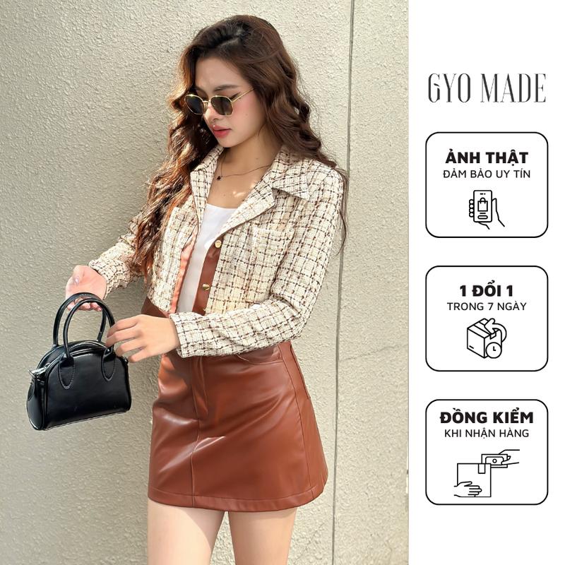 Áo Khoác Tweed Phối Da Cao Cấp GYOMADE 2 Lớp, Có Mút Đệm Vai Màu Kem Sọc Nâu | GA065