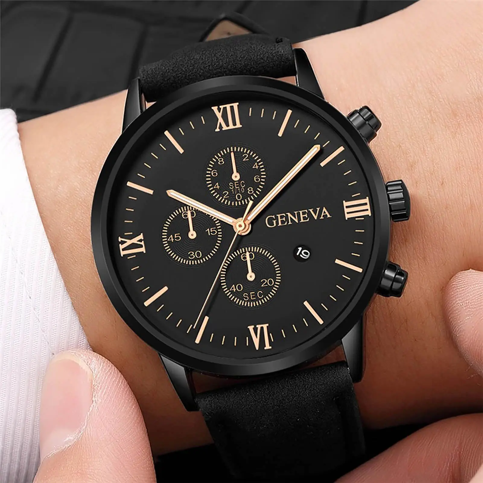Men Quartz Watch Round Dial Precise Pointer Display Shockproof Scratch-resistant Calendar Faux Leather Strap Fashion Simple Male Business Quartz Wristwatch for Work