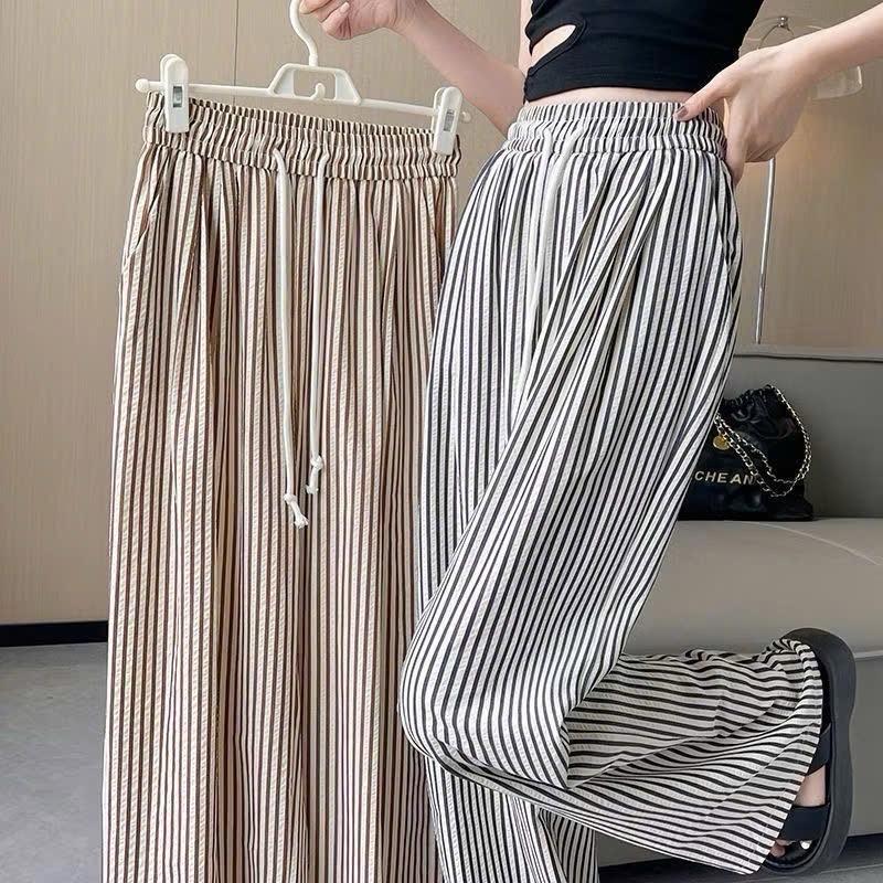 Combo 2 quần,lẻ 1 quần CÓ SIZE NẤM Quần dài nữ ống rộng kẻ sọc vải đũi xốp nhăn mềm mát dài quần 98-102cm