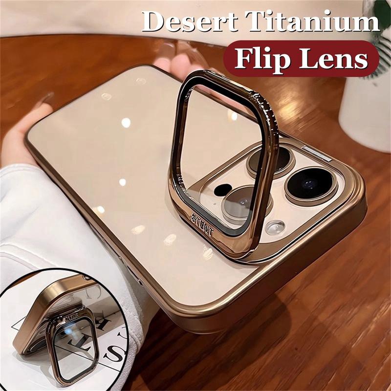 Ốp Điện Thoại Có Giá Đỡ Ống Kính Lật, Thiết Kế Titan Sa Mạc, Tương Thích Với IPhone 16 Pro Max, 12, 13, 14, 15 Pro Max, Ốp Trong Suốt, Có Nắp Bảo Vệ Camera