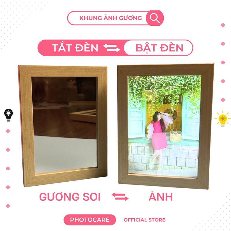 Khung ảnh gương LED in ảnh cá nhân - Đèn 3 chế độ màu, Khung gương ảnh độc đáo, Soi như gương thông thường, Khung ảnh gương hiện ảnh khi bật đèn in theo yêu cầu, khung tranh đèn LED tích hợp soi gương làm decor bàn học, đèn ngủ