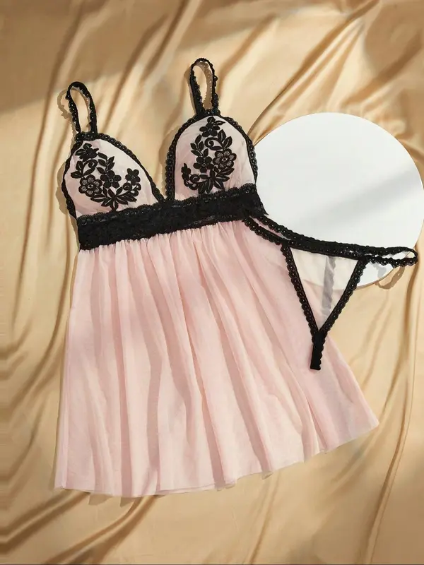 Women's Floral Embroidery Sheer Mesh Cami Nightdress & Thong Sexy Sleepwear Two-Piece Set, Elegant Comfy Adjustable Strap Nighty Dress & Panty Set, Ladies Sleepwear for All Seasons 0