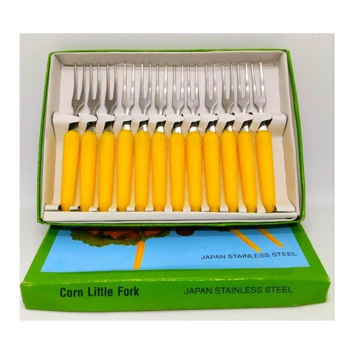Garpu Buah / Garpu Kue / Garpu Motif Jagung 12 Pcs Makan Plastik Stainless Steel 2
