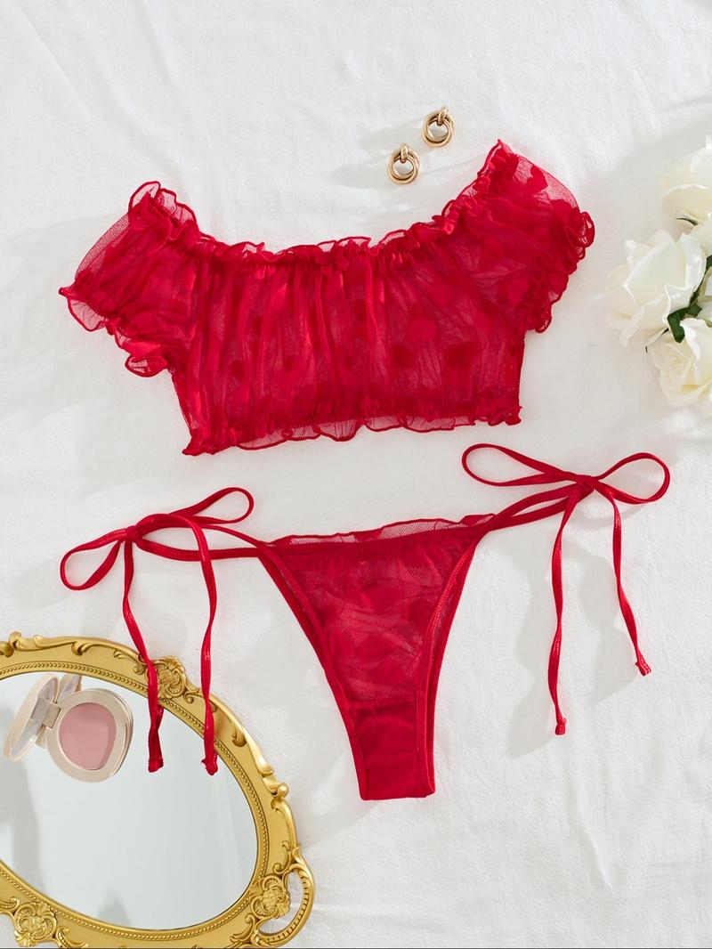 Product Introduction of Women's Heart Print Contrast Mesh Ruffle Trim Top & Thong Set, Sexy Swim Top & Cheeky Bottoms Set, Lingerie Set for Women 2