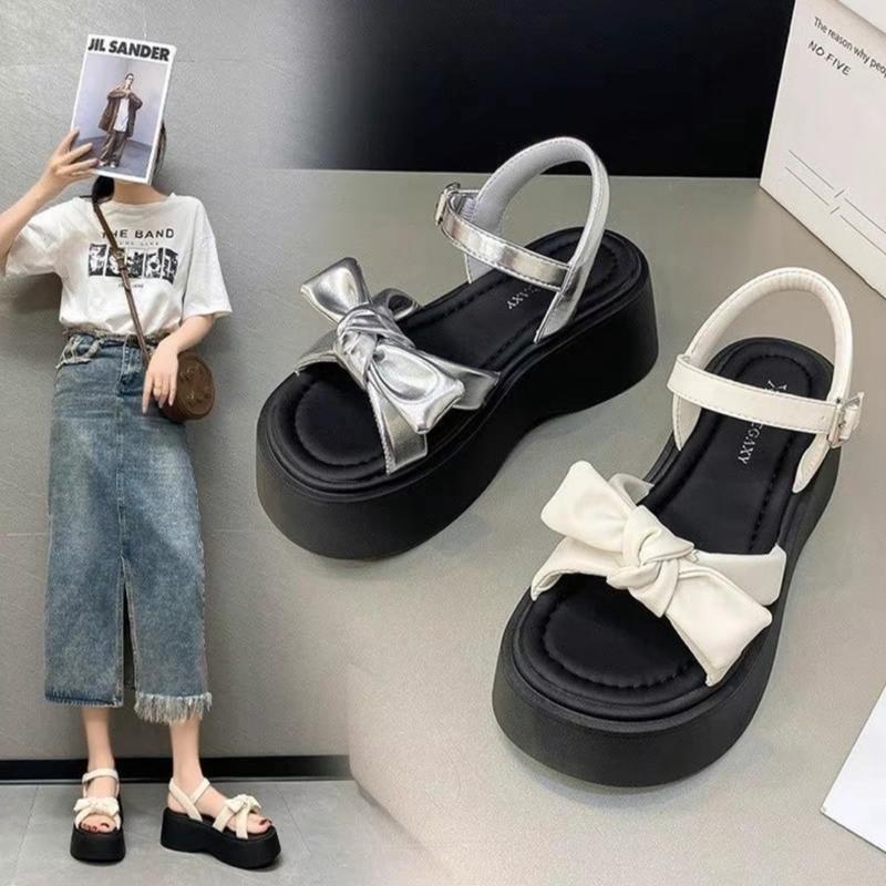 Giày sandal nữ cao 6cm đế xuồng quai nơ cột guốc DéP Shoes Cao Su (13)