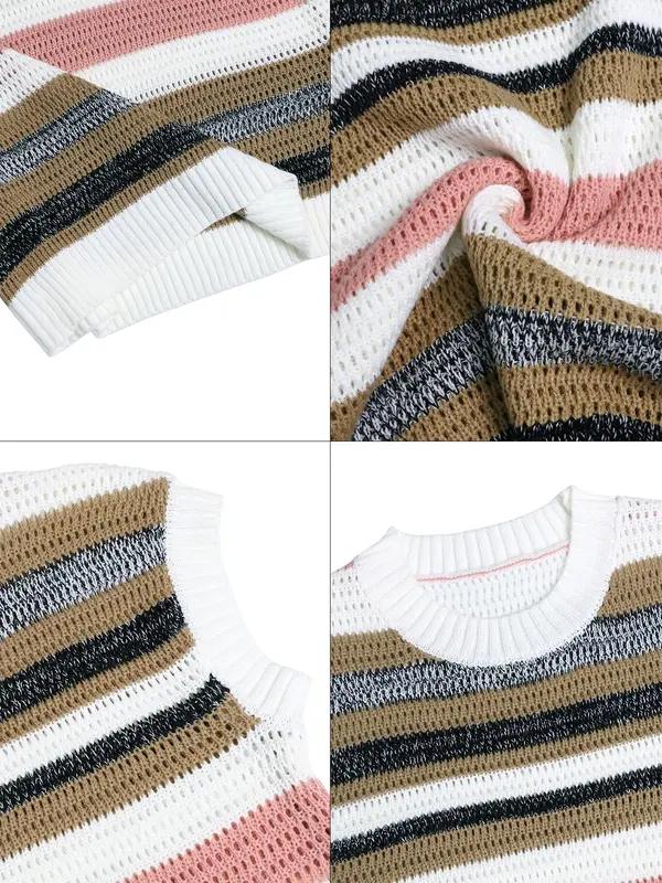 Women's Striped Crew Neck Sweater, Casual Short Sleeve Jumper for Daily Wear, Ladies Knitwear for All Seasons, Tops, Womenswear 6