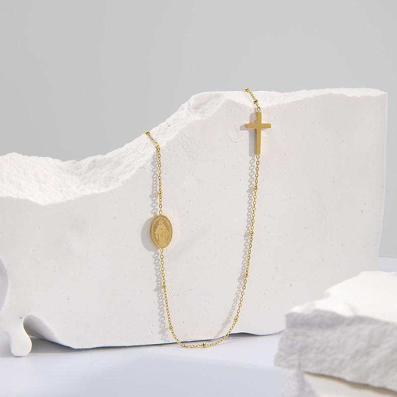 Product Introduction of European and American Fashion Coin Ins Style Cross Oval Pendant Clavicle Chain Necklace Titanium Steel 18K Gold Plating Ornament 0