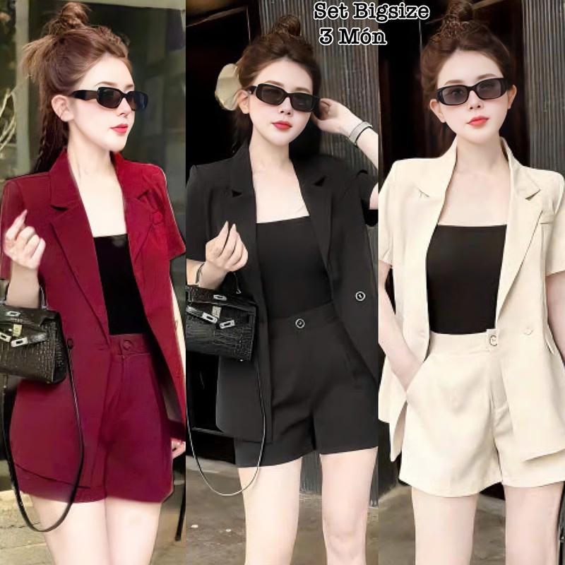 Set Vest Tay Ngắn Bigsize Nữ Quần Short Công Sở - Set 3 Món Lụa Chéo Thái Thiết Kế Dự Tiệc Nữ Cao Cấp Xinh Đẹp Sang Trọng  50-95kg Áo Top Cotton Màu Nâu Sen Màu Đen Set Đồ Nữ đẹp Set Áo Croptop Bộ Suit Nữ Sang Chảnh Bigsize Women Kem 2349 - 2349