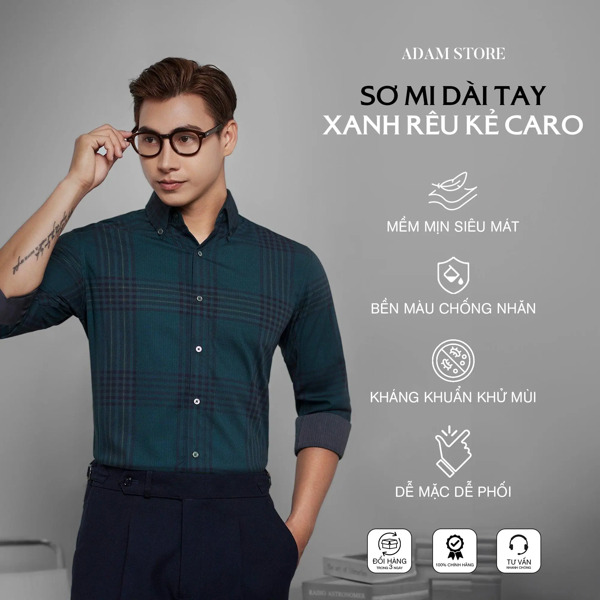 SƠ MI ADAM STORE DÀI TAY XANH RÊU KẺ SDTTK0043