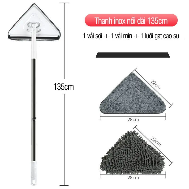 Cây lau trần nhà chổi lau tường, lau kính, lau nhà đa năng xoay 360 độ hình tam giác, cán dài thép không gỉ 8
