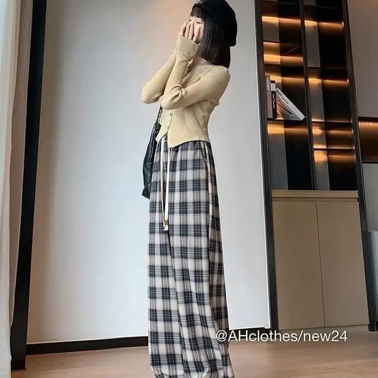Quần kẻ caro ống rộng có đủ size dáng rộng ống suông cạp cao  Pants Women nỉ