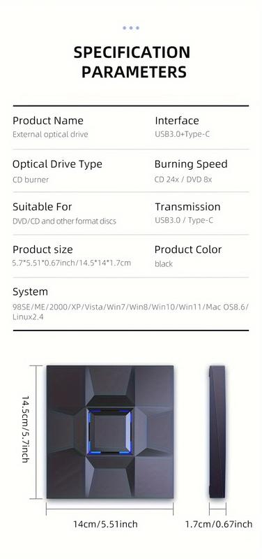 Product Introduction of External USB3.0 Optical Drive, External Mobile DVD Burner High-definition Player, Portable CD/VCD/DVD Player, Nine-grid Style Burner, For Burning, Reading, And Playing On Laptops And PCs. 10