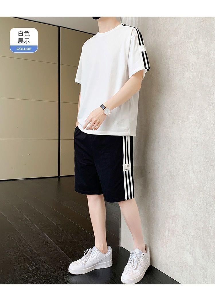 Product Introduction of Summer Men's Fashion Set Trendy Full Set Casual Loose Stylish Shorts Set One Complete Set with Three Stripes Sports 11