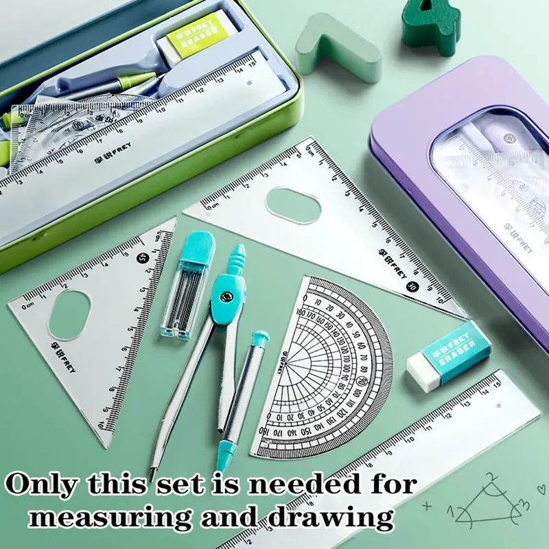 Bộ Thước Đo, 7 Cái / Bộ, Đa Năng, Đồ Dùng Học Tập, Văn Phòng Phẩm, Bao Gồm Thước Kẻ, La Bàn, Tẩy, Dụng Cụ Vẽ 0