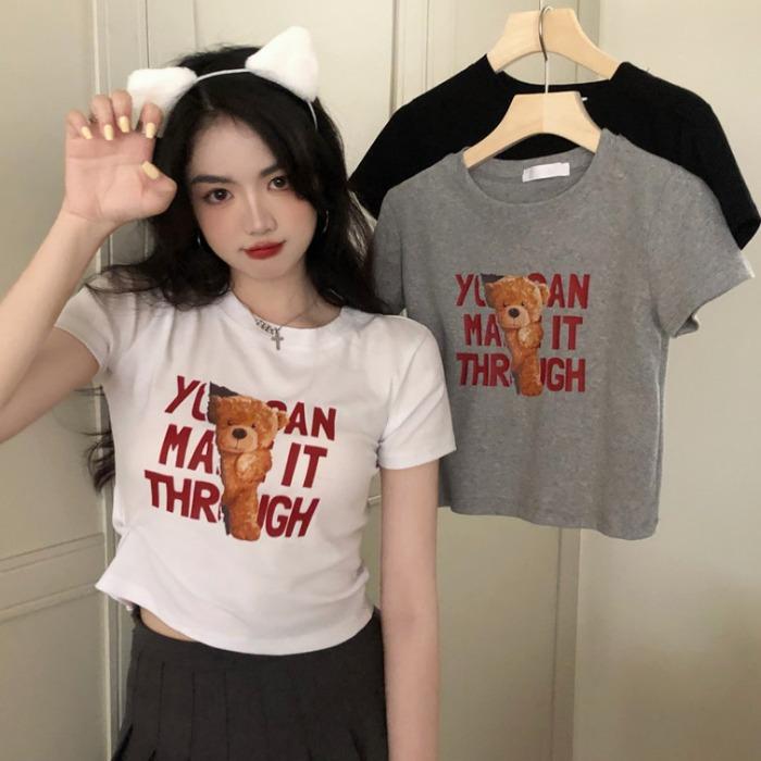 Product Introduction of Summer New Korean Style Letter Bear Printed Short-Sleeved T-shirt Women's Slim-Fit Crop-Top Women's Clothing 11