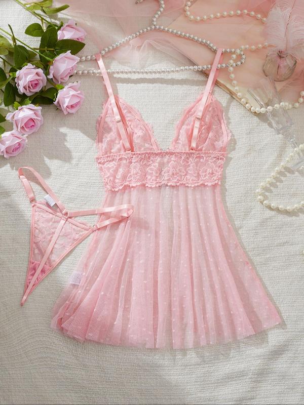 Women's Bow Decor Sheer Lace Sexy Lingerie Two-piece Set, Solid Color Cami Nightdress & Thong Set, Soft Comfy Breathable Lingerie Set for Women 1