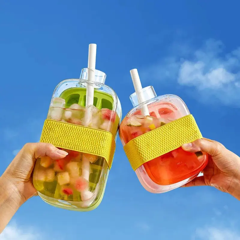 Ice Cube Bottle With Lid Pressing Mould Food-grade 2-in-1 Ice-making Straw Dual-purpose Silicone Ice Kettle Outdoor Beverage Cup Kitchen Portable 2