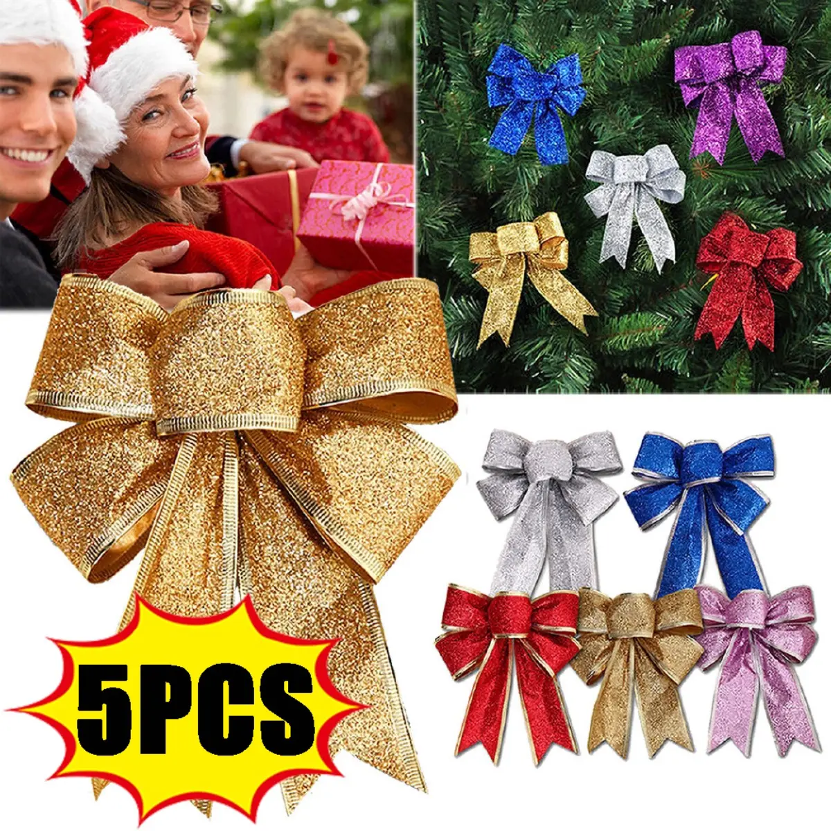 1/5Pcs Christmas Bows Decoration Christmas Ornament Glitter Powder Bow Xmas Tree Pendant Gift Bowknot Christmas Ornaments Plastic