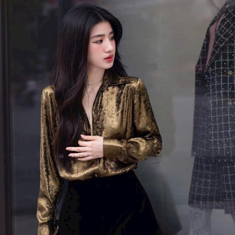  Áo Sơ Mi Chất vải Tơ Nhũ Vàng Mơ Lấp Lánh Mỏng Mát Không Nhăn Buổi Tối Bắt Sáng Nổi Bật Form Suông Giấu Quần Nữ Top Women Nhung 