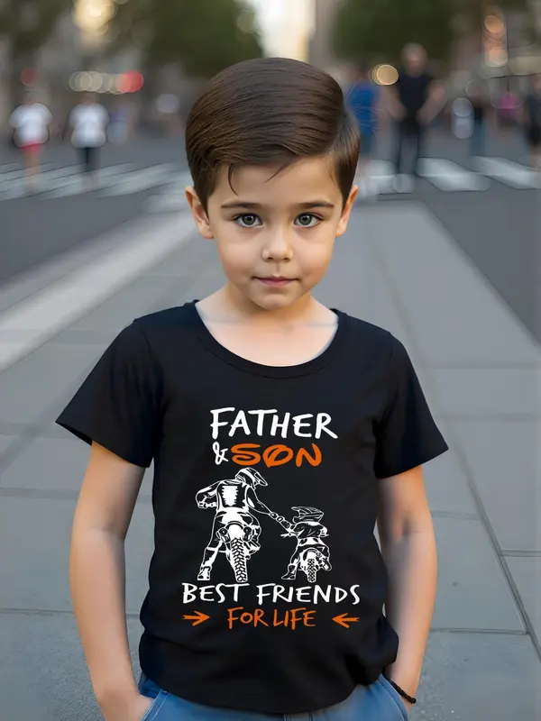 Boy's Letter Print Round Neck Tee, Casual Short Sleeve Crew Neck T-shirt for Summer, Kids Clothes for Daily Wear 0