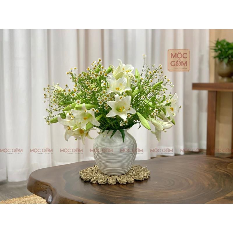 Bình gốm Bát Tràng dáng vò tròn quốc dân men trắng lì vân ganh cắm hoa trang trí phòng khách đẹp Mộc Gốm MG165 3