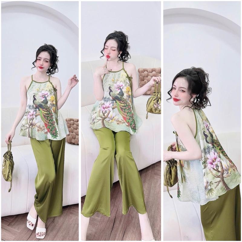Bộ dài áo yếm gấm in quần latin 40-62kg Nữ Women Nhung