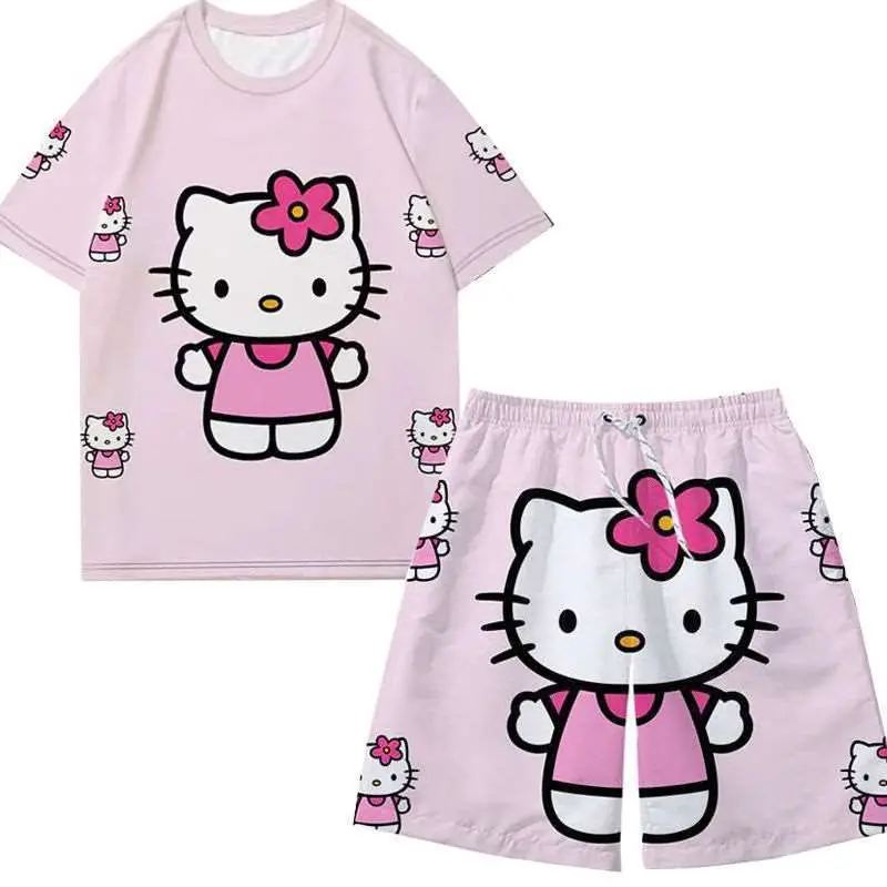 Bộ Đồ Ngắn, HELLO HELLO HELLO HELLO HELLO HELLO Thiết Kế Hình Kitty, Dành Cho Nam Và Nữ, Thời Trang, Thích Hợp Mặc Cặp Đôi, Quần Soóc Đi Biển, Năm 2024