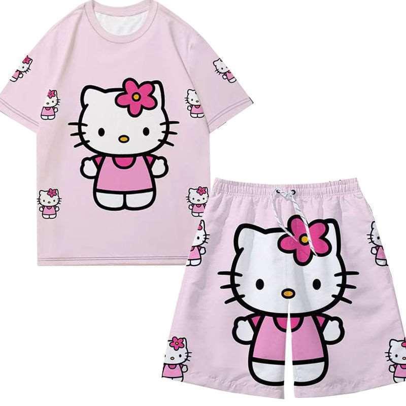 Bộ Đồ Ngắn, HELLO HELLO HELLO HELLO HELLO HELLO Thiết Kế Hình Kitty, Dành Cho Nam Và Nữ, Thời Trang, Thích Hợp Mặc Cặp Đôi, Quần Soóc Đi Biển, Năm 2024 0