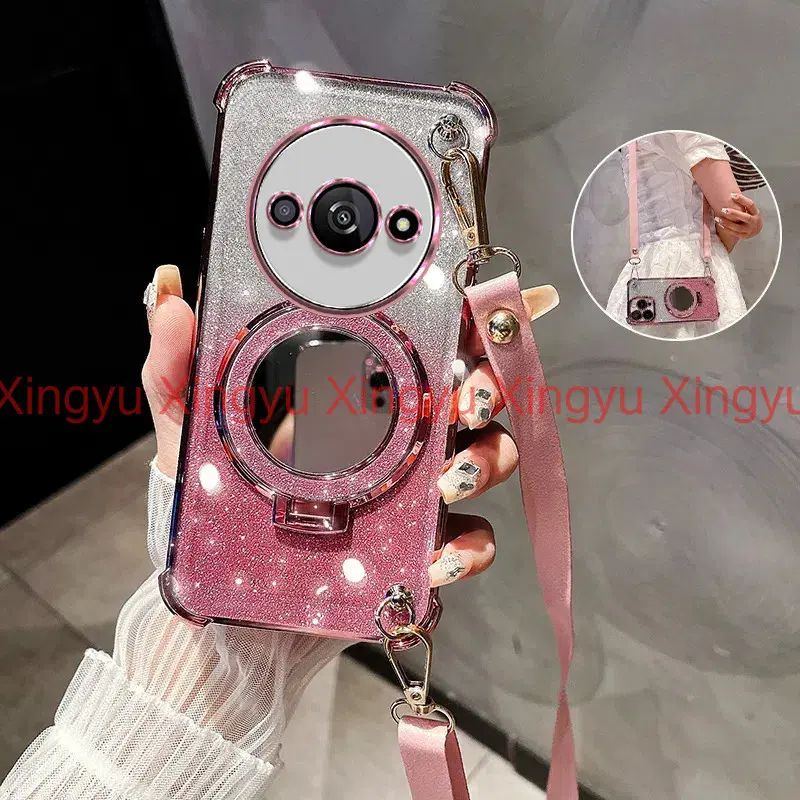 luxury neck strap case for Redmi A3 four corners shockproof phone case 3D makeup mirror bracket TPU silicone soft case with crossbody lanyard