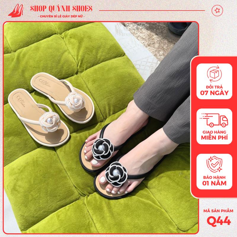 Dép nữ xỏ ngón đính hoa cực xinh, dép nữ đế bệt tiểu thư sang chảnh đế TPR da PU - Shop Quỳnh Shoes Q44 DéP