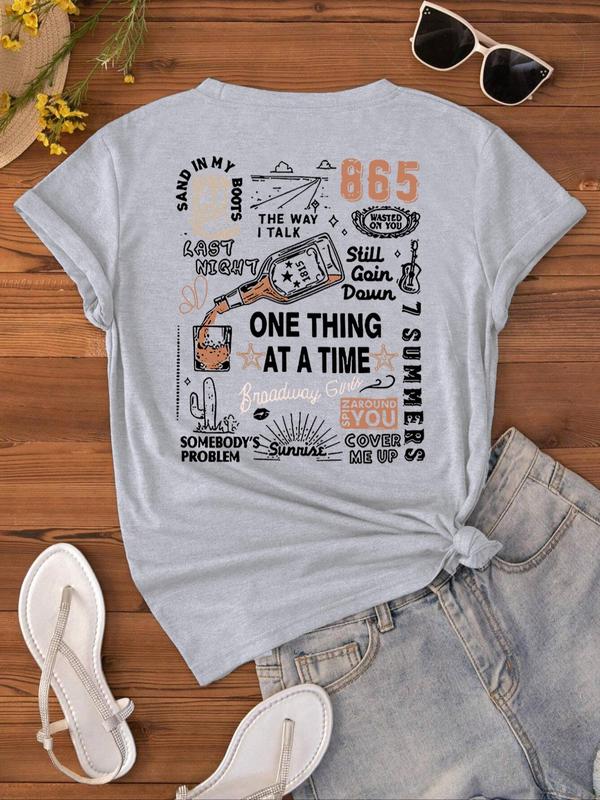 Women's Plain/Letter Print Round Neck Tee, Casual Graphic Short Sleeve T-shirt For Daily Wear, Ladies Summer Outfit 3