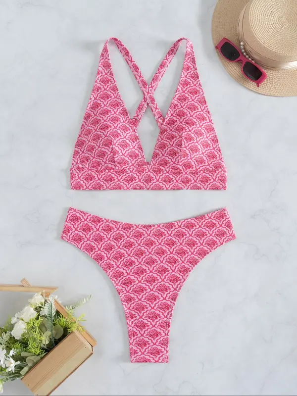 Two-Piece Set Women's Solid Criss Cross Deep V Neck Swimsuit, Casual Swim Top & High Waist Swim Bottom, Summer Beach Swimwear, Bikini Sets 6