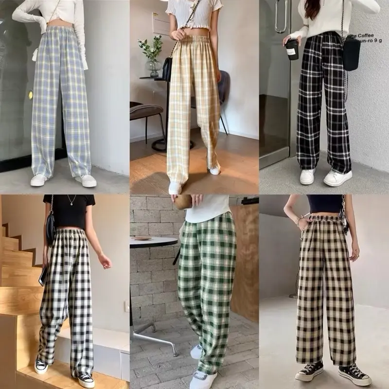 ￼Quần Ống Rộng Lót Lông, Quần Lót Lông Dáng Suông Phối Kẻ Thời Trang Thu Đông Hot Trend Cho Nữ quần  nỉ Nhung Pants