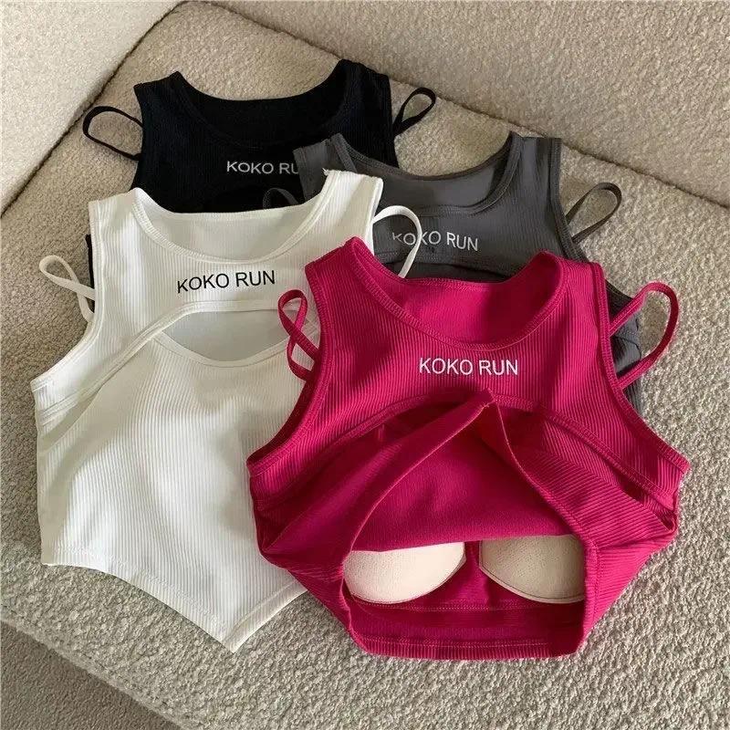 Product Introduction of Casual Crop Tops Women Knit Irregular Tops Hollow Out Camisole Fake Two Pieces Tank Tops With Bra Pad Women Summer 2