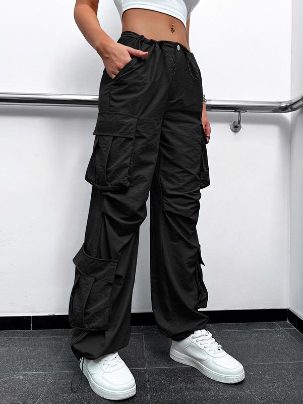 Women's Plain Drawstring Ruched Cargo Pants, Casual Pocket Design Trousers for Fall & Winter 1