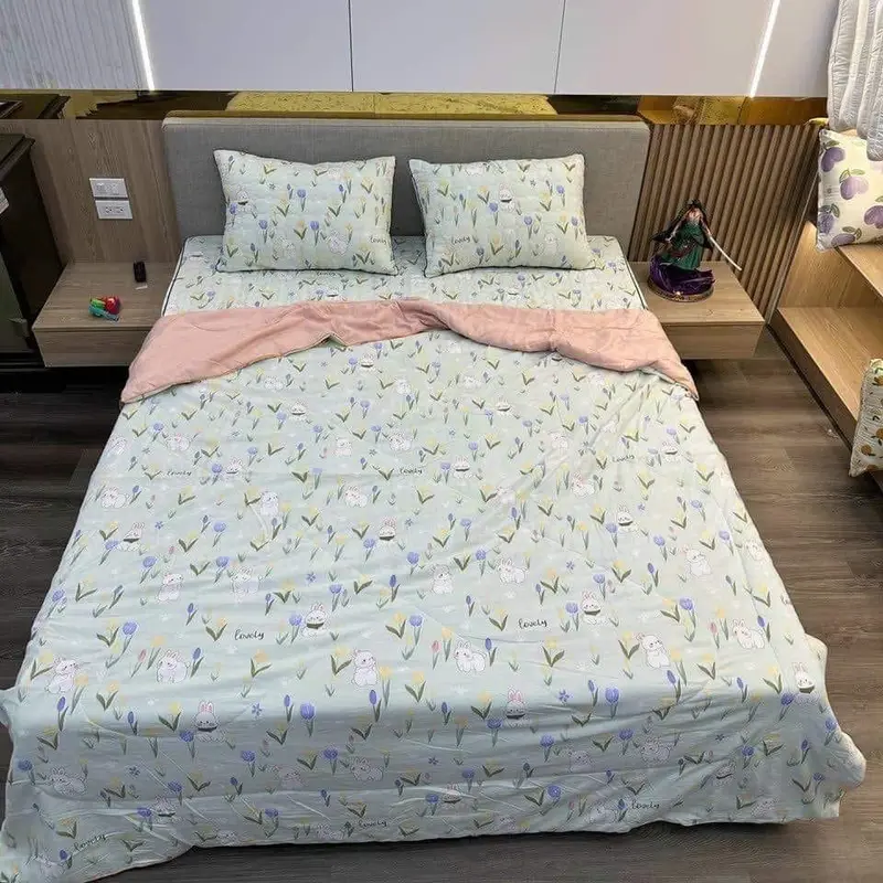 Set 4 món cotton sơ đũi đậu nành 1 ga bo chun , 2 vỏ gối đầu và 1 chăn 3
