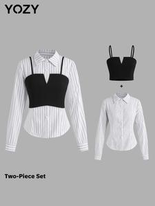 Yozy Women's Striped Print Button Front Blouse & Plain Crop Cami Top Two-piece Set, Casual Fashion Cozy Top Set for Daily Outdoor Wear, Ladies Clothes for All Seasons