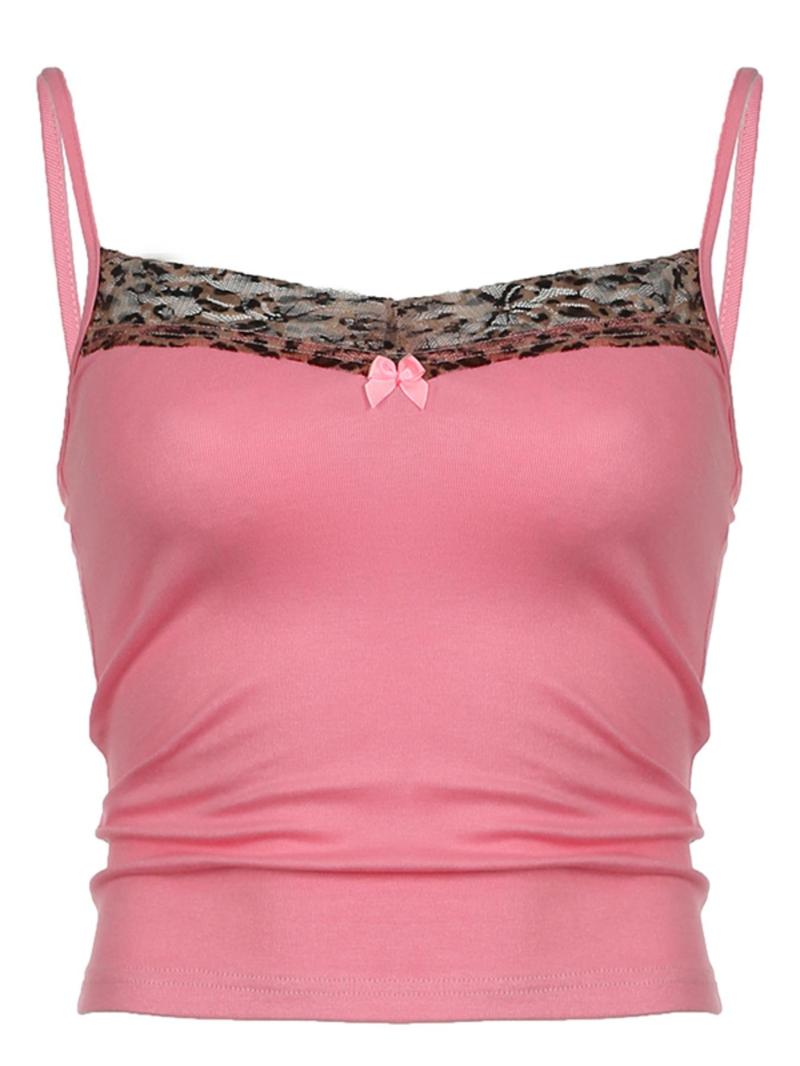 Product Introduction of Women's Leopard Patchwork Print Ruched Lace Crop Cami Top, Casual Spaghetti Strap Bow Decor Top for Summer, Ladies Clothes for Daily Wear 4