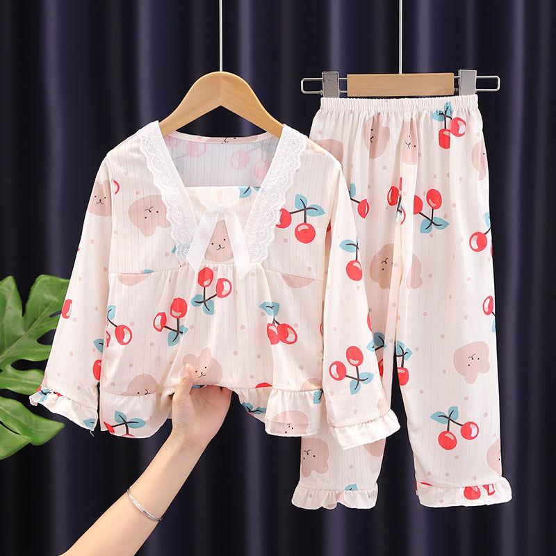 Bộ Đồ Ngủ Trẻ Em, Cho Bé Gái, Bộ Đồ Mỏng Dài Tay Ren, Thích Hợp Cho Mùa Xuân Và Mùa Thu, Trẻ Em Trung Và Lớn, Phong Cách Công Chúa Ngọt Ngào, Mặc Nhà Mùa Thu, Năm 2024 6