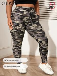 CURVZY Plus Size Autumn Aesthetic Camo Print Tie Front Pocket Pants, Casual Comfy Trousers for Women, Women's Bottoms for Summer & Autumn