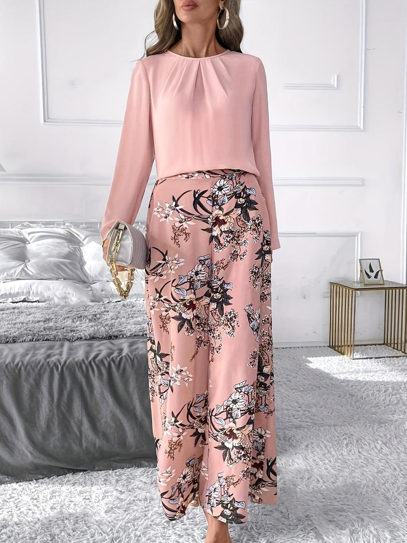 Product Introduction of Women's Solid Color Blouse & Floral Print Wide Leg Pants Two-Piece Set, Elegant Long Sleeve Top & Pants for Spring & Fall, Ladies Clothes for Daily Wear, Womenswear 3